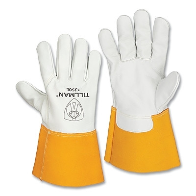 Tillman 1350S MIG Welding Gloves, 1350, Top Gr Cowhide Palm/BOH/Split CH Cuff, Sm, Pearl/Bourbon Brn, 4 in Str Cuff