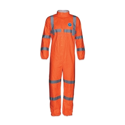 DuPont Tyvek TY125SHVXL0025XC Tyvek 500 HV Coveralls, Serged Seams, Collar, Elas Waist/Wrists/Ankles, Fr Zip Flap, HiVis Orange/Refl Stripes, XL, XC