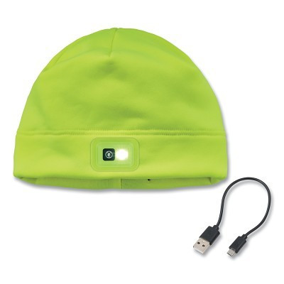 Ergodyne 16790 N-Ferno 6801 Winter Skull Cap with LED Rechargeable Light, Fleece, Knit/Fleece Lining, Lime, Includes USB-C Charging Cable
