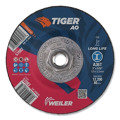 Weiler 57082 Tiger AO Cutting Wheel, 5 in dia x 3/32 in Thick, 5/8 in-11 UNC Arbor, A36S, Type 27