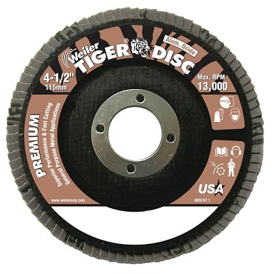 Weiler 50563 Tiger Disc Angled Style Abrasive Flap Disc 4-1/2 In 40 Grit 7/8 In Arbor Phenolic Back Aluminum Oxide