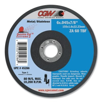 CGW Abrasives 45103 Quickie Cut Flat Cut-Off Wheel, 4-1/2 in dia, .045 in Thick, 7/8 in Arbor, 60 Grit, Type 27