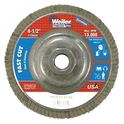 Weiler 31315 Vortec Pro Abrasive Flap Disc, 4-1/2 in dia, 60 Grit, 5/8 in-11, 13000 rpm, Type 29