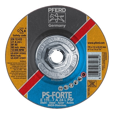 Pferd 61001 Type 27 General Purpose PSF-INOX Depressed Center Wheel, 4-1/2 in dia, 1/4 in Thick, 5/8 in Arbor, 24 Grit
