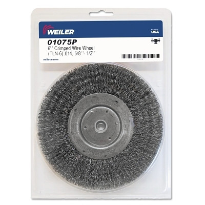 Weiler 01075P Narrow Face Crimped Wire Wheel, 6 in D x 3/4 W, .014 in Steel Wire, 6,000 rpm
