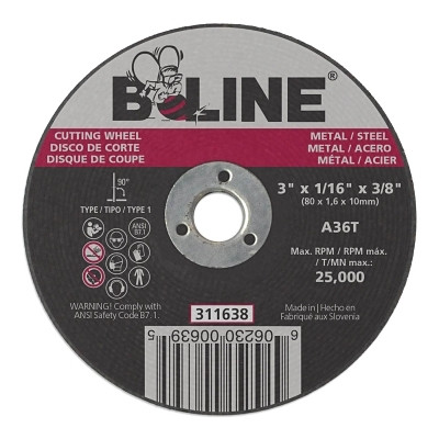B-Line Abrasives 90883 Cutting Wheel, 3 in dia, 1/16 in Thick, 3/8 in Arbor, 36 Grit, Aluminum Oxide