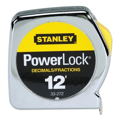 Stanley 33272 Powerlock Tape Rules 1/2 in Wide Blade, 12 ft x 1/2 in, Inch/Decimal, Single Sided, Silver/Yellow