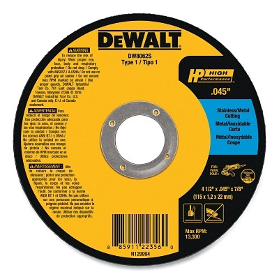 DeWalt DW8062S High Performance Cutting Wheel, Type 1, 4-1/2 in dia x 0.045 in Thick x 7/8 in Arbor, 60 Grit, Aluminum Oxide