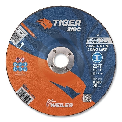 Weiler 58081 Tiger Grinding Wheel, 7 in dia x 1/4 in Thick x 7/8 in Arbor, 24 Grit, Zirconia Alumina/Ceramic, Type 28, 10 EA/BX