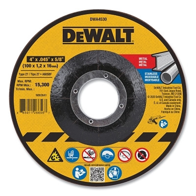 DeWalt DWA4530 Cutting Wheel, Type 27, 4 in dia x 0.045 in Thick x 5/8 in Arbor, Aluminum Oxide