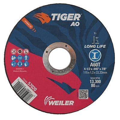 Weiler 57020 Tiger AO Cutting Wheel, 4-1/2 in dia x 0.045 in Thick, 7/8 in Arbor, A60T, Type 1