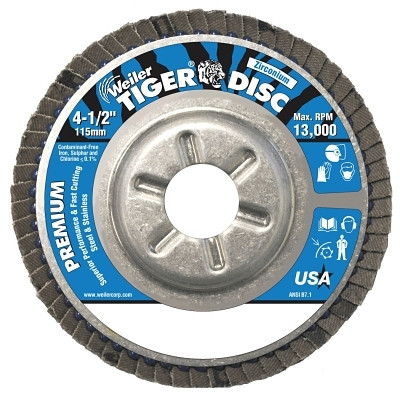 Weiler 50516 Tiger Disc Angled Style Abrasive Flap Disc 4-1/2 In 120 Grit 7/8 In Arbor Type 29 13000 RPM