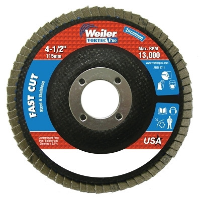 Weiler 31343 Wolverine Abrasive Flap Disc, 4-1/2 in dia x 7/8 in Arbor, 36 Grit, 13000 RPM, Type 29