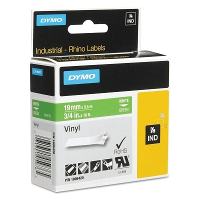 DYMO 1805422 Industrial Rhino Vinyl Label Cartridge, 3/4 in W x 18 ft L, White Print on Red Background
