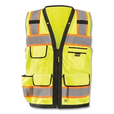 OccuNomix LUX-HDS2T-YM Heavy-Duty Surveyor Vest, Class 2 Type R, Polyester/300D Oxford, 2 in Refl Tape w/Orange, 8 Pockets, Zipper, Med, Yellow