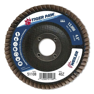 Weiler 51108 Tiger Paw Coated Abrasive Flap Discs, 4-1/2 in dia, 40 Grit, 7/8 Arbor, 13000 rpm, Type 27