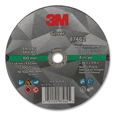 3M 7100139215 Silver Cut-Off Wheel, Precision Shaped Ceramic, T1, 4 in dia x 3/8 in dia Arbor x 0.060 in Thick, 36+, 19100 RPM