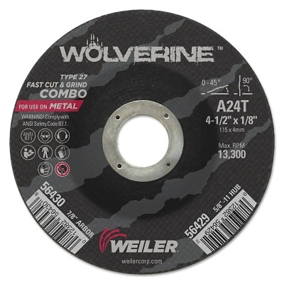 Weiler 56430 Wolverine Combo Wheel, 4 1/2 in Dia, 1/8 in Thick, 7/8 in Arbor, 24 Grit, R