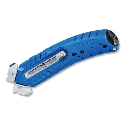 Pacific Handy Cutter E21108-4 S8 Ambidextrous Safety Cutter, Fixed Metal Guards, Auto-Retract, Button, Plastic, 5 Additional Blades, Blue
