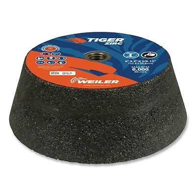 Weiler 68358 Tiger Flaring Cup Wheel, 6 in/4-3/4 in dia x 2 in Thick x 5/8 in-11 Arbor, 1 in Rim, 16 Grit, ZTA, Type 11, 5 EA/BX