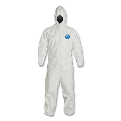 DuPont Tyvek TY127S-LG Tyvek 400 Coveralls, Serged Seams, Attached Hood, Elas Waist, Elas Wrist and Ankle, Front Zip, Storm Flap, WH, Lg, Std