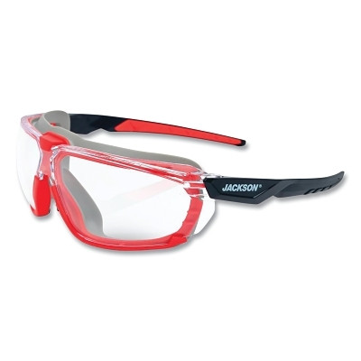 Jackson Safety 45200 Hyperguard Safety Glasses, Clear, Polycarbonate, Anti-Fog, Clear Gasketed Frame, Red Temple