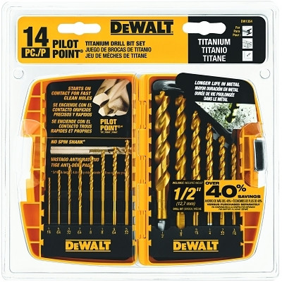 DeWalt DW1354 14-Pc. Titanium Drill Bit Sets, 1/16 in - 3/16 in Cut Dia., 14-Piece