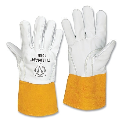 Tillman 1338XL TIG Welding Gloves, 1338, Goatskin Palm/BOH/Split Cowhide Cuff, XL, Pearl/Bourbon Brn, 4 in L Straight Cuff