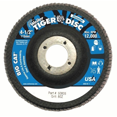 Weiler 50805 Tiger Big Cat High Density Flap Disc, 4-1/2 in dia, 80 Grit, 7/8 in Arbor, 12000 RPM, Type 27