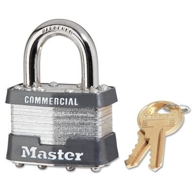 Master Lock 1KA2002 No. 1 Laminated Steel Padlock, 5/16 in dia, 3/4 in W x 15/16 in H Shackle, Silver/Gray, Keyed Alike, Keyed 2002