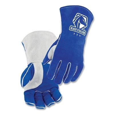 BLACK STALLION 320L 320 Side-Split Cowhide Stick Gloves, Large, Blue/Gray, Gauntlet Cuff, 16 in L. CushionCore Padded Liner