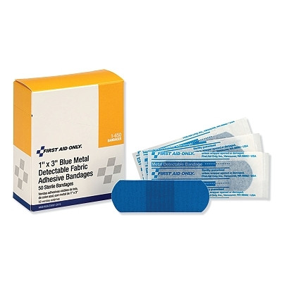 First Aid Only 1650 Blue Metal Detectable Bandage, 1 in W, 3 in L, Fabric with Metal