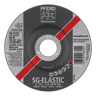 Pferd 61026 Type 27 SG Depressed Center Grinding Wheel, 4-1/2 Dia, 1/4 Thick, 7/8 Arbor, Alum Oxide