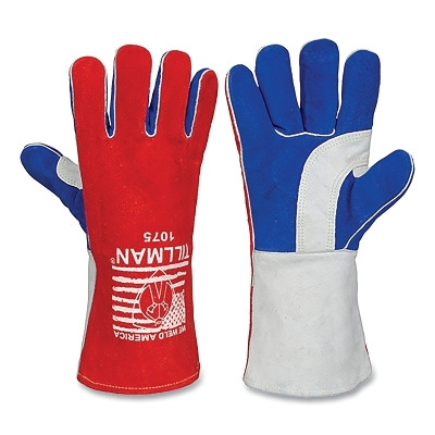 Tillman 1075 Stick Welding Gloves, 1075, Premium Side Split Cowhide Palm/BOH/Cuff, Lg, Red/Blue/Pearl, 14 in L Cuff