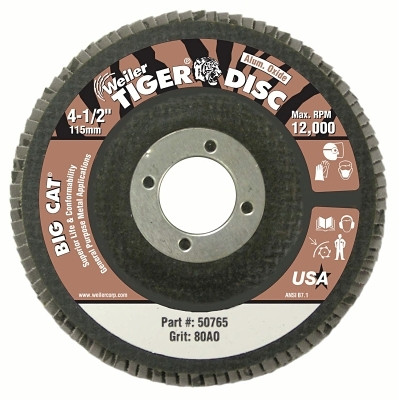 Weiler 50765 Tiger Big Cat High Density Flap Disc, 4-1/2 in dia, 80 Grit, 7/8 in Arbor, 12,000 RPM, Type 27