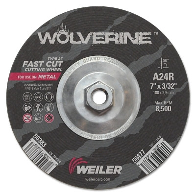 Weiler 56477 Wolverine Grinding Wheel, 7 in dia x 5/8 in-11 UNC Arbor x 3/32 in Thick, AO, 24R