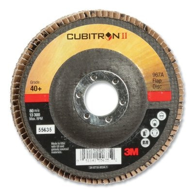 3M 7100085781 Cubitron II Flap Discs 967A, 4-1/2 in dia x 7/8 in AH, T27 Giant, 40+, 13300 RPM