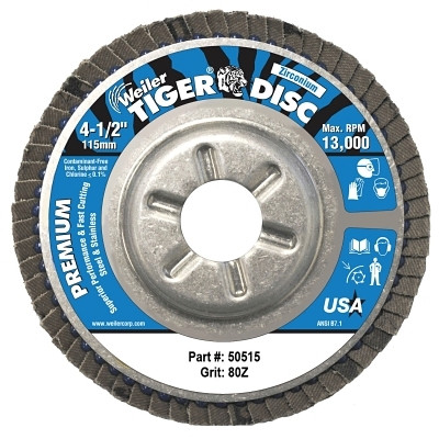 Weiler 50515 Tiger Disc Angled Style Flap Disc, 4-1/2 in dia, 80 Grit, 7/8 Arbor, 13000 rpm, Type 29