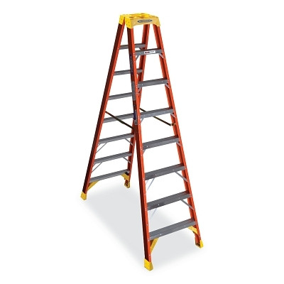 Werner T6208 Fiberglass Twin Stepladder, T6208, Type IA, 8 ft L, 12 ft Reach, 26.84 in W, 300 lb Load Capacity Per Side, Orange