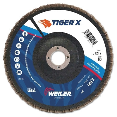 Weiler 51217 Tiger X Flap Disc, 7 in Angled, 60 Grit, 7/8 in Arbor