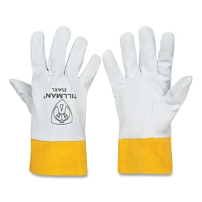 Tillman 25AM TIG Welding Gloves, 25A, Prem Reverse/Split Deerskin Palm/BOH/Split Cowhide Cuff, Md, Pearl/Bourbon Brn, 2 in L Straight Cuff