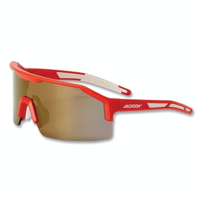 Jackson Safety 60011 Maxview+ Safety Glasses, Gold Mirror, Polycarbonate, Hard Coated, Anti-Scratch, Red Half Frame, Red/White Temple