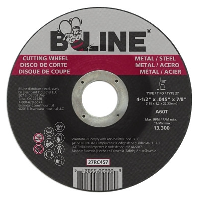 B-Line Abrasives 90894 Depressed Center Cutting Wheel, 4-1/2 in dia, 0.045 in Thick, 7/8 in Arbor, 60 Grit, Aluminum Oxide