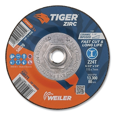 Weiler 58070 Tiger Grinding Wheel, 4-1/2 in dia x 1/4 in Thick x 5/8 in-11 Arbor, 24 Grit, Zirconia Alumina/Ceramic, Type 27, 10 EA/PK