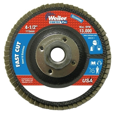 Weiler 31349 Vortec Pro Abrasive Flap Disc, 4-1/2 in dia, 36 Grit, 5/8 in-11, 13000 rpm, Type 29