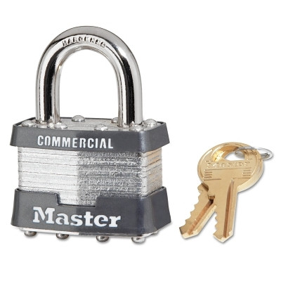 Master Lock 1KA2081 No. 1 Laminated Steel Padlock, 5/16 in dia, 3/4 in W x 15/16 in H Shackle, Silver/Gray, Keyed Alike, Keyed 2081