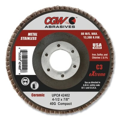 CGW Abrasives 42402 C3 Ceramic Flap Disc, 4-1/2 in dia, 40 Grit, 7/8 in Arbor, 13300 RPM
