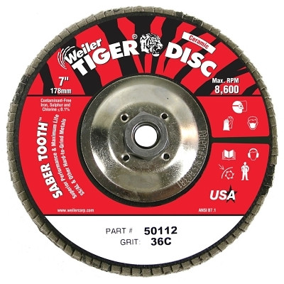 Weiler 50112 Saber Tooth Ceramic Flap Discs, 7 in, 36 Grit, 5/8 Arbor, 12,000 rpm