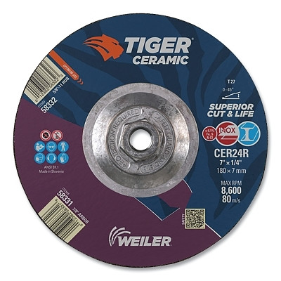 Weiler 58332 Tiger Grinding Wheel, 7 in dia x 1/4 in Thick x 5/8 in-11 Arbor, 24 Grit, Ceramic Alumina, Type 27, 10 EA/BX
