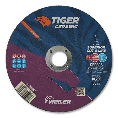 Weiler 58302 Tiger Ceramic Cutting Wheels, 6 in Dia, 0.045in Thick, 24/bx